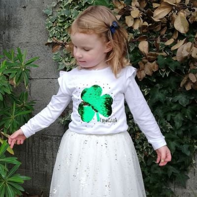 White Long Sleeve Girls T-Shirt With Green Sequin Shamrock Design